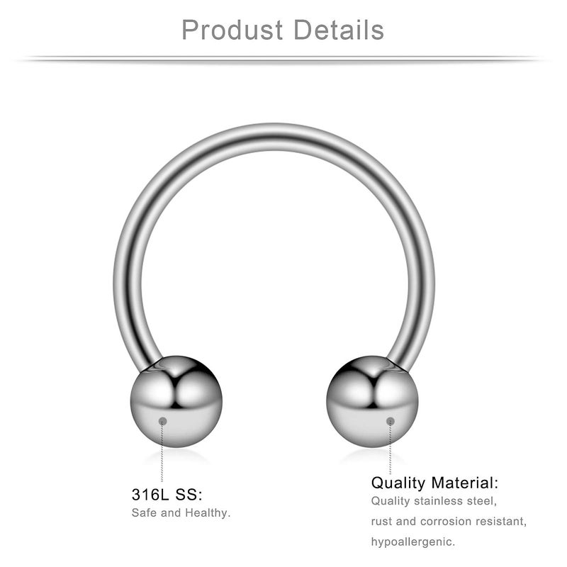 Ruifan 24PCS Surgical Steel CBR Nose Septum Horseshoe Earring Eyebrow Tongue Lip Nipple Piercing Ring with Balls & Spikes 14G 8-14mm Silver - Image 2